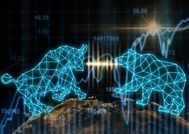 Digital Bull and Bear over charts and graphs